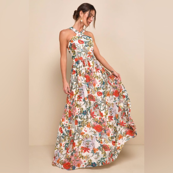 Lulus Dresses & Skirts - Lulu's White Floral Maxi Dress with Red & Green Accents